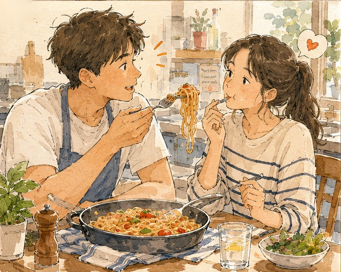 직접 만든 파스타를 함께 맛보며 이야기하는 두 사람